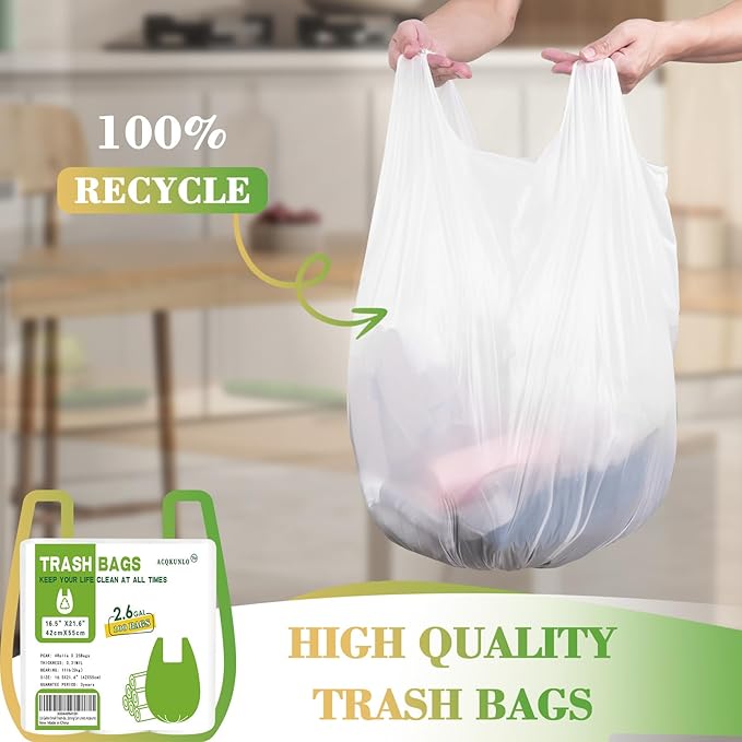 2.6 Gallon Small Trash-Bags Bathroom With-Handles - Kitchen White Garbage Bag 100 Count Little Plastic Unscented Waste Basket Office Car Thick Strong Can Liners Acqkunlo