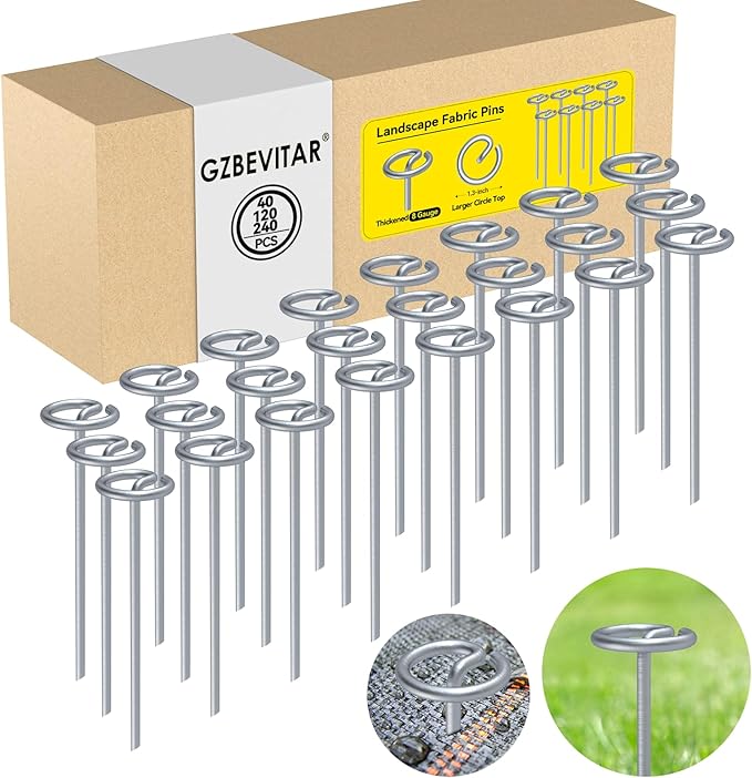 GZBEVITAR Landscape Fabric Pins, Thickened 8 Gauge Circle Top Landscape Pins, Not Easy to Bend 6 inch Galvanized Landscape Fabric Stakes, More Holding Power Than U-Shape Garden Staples (40)