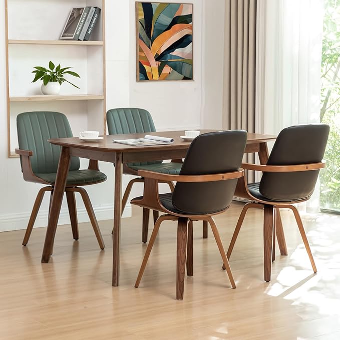 WUPOTO Set of 1 MCM Dining Chair, Mid Century Modern Chair with Walnut Craftsmanship, Upholstered Faux Leather, Wooden Arms and Legs, Faux Leather Dining Chair for Kitchen/Living Room - Green