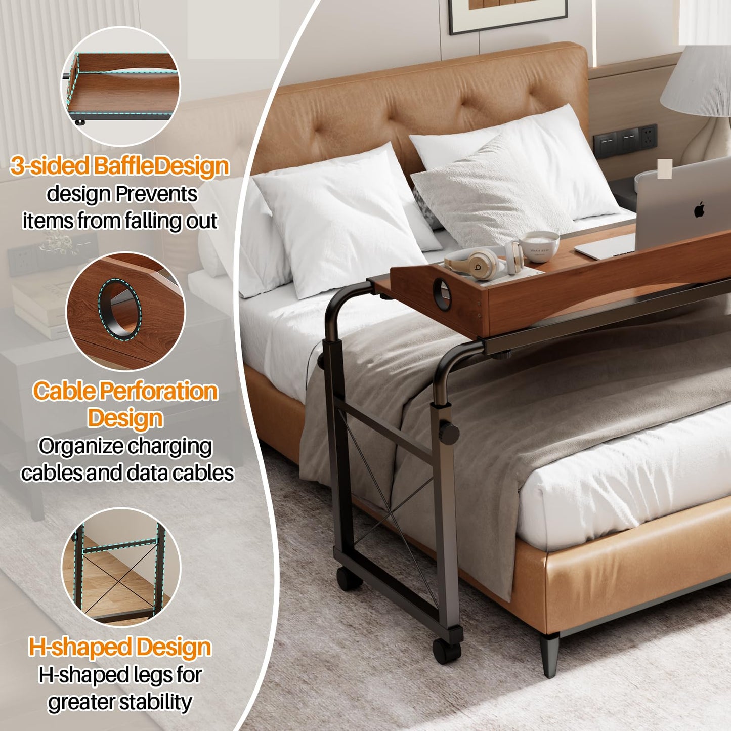 BYMECOST Laptop Desk for Bed, Adjustable Height & Length Laptop Bed Table,Overbed Table with Wheels for King & Queen Size Beds,Rolling Standing Desk,Over Bed Table for Working Reading Eating