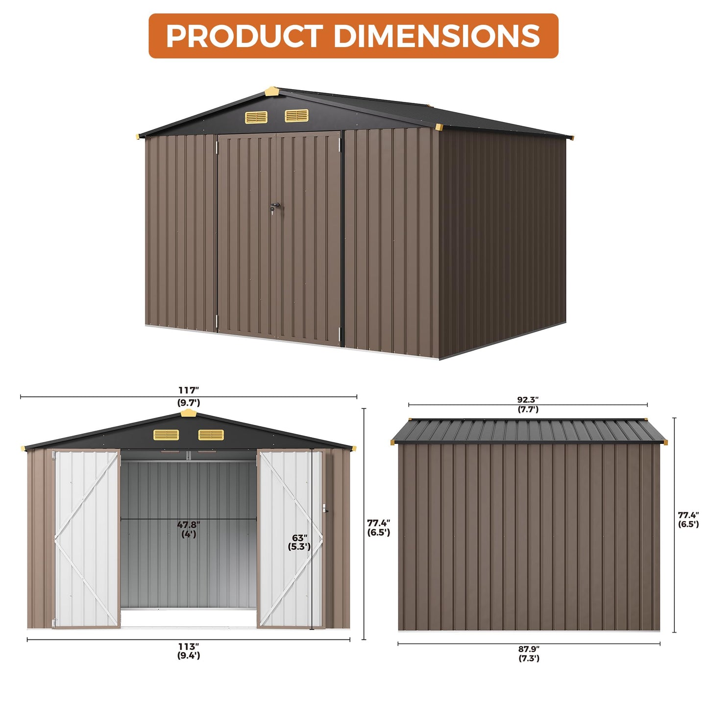 IRONCK 10x8FT Outdoor Storage Shed with Breathable Vent, 9.4x7.3FT Base Galvanized Steel Metal Tool Shed with Lockable Doors for Yard Bins/Generator/Wheelbarrow Garden Storage, Brown