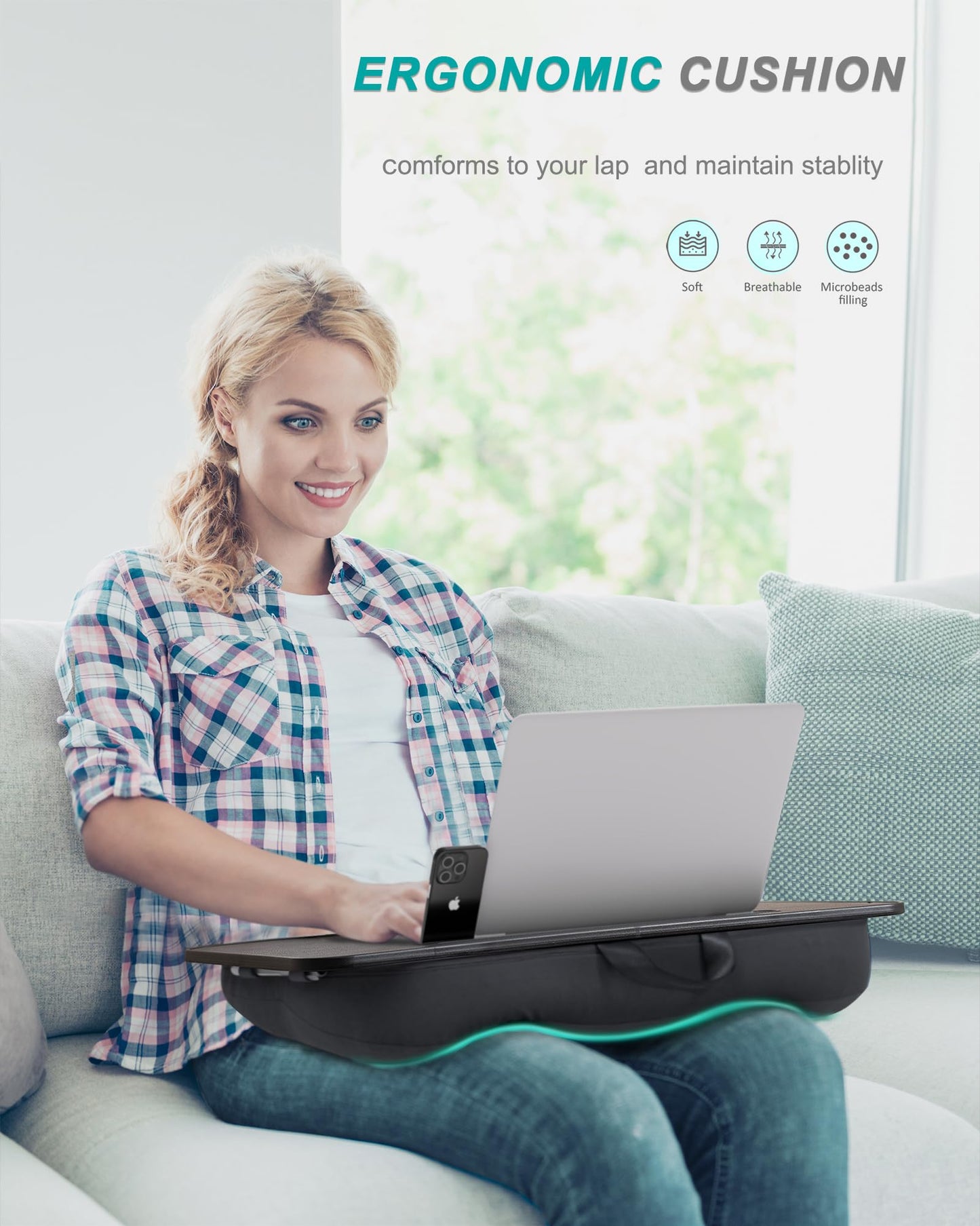 Lap Desk, Portable Laptop Stand with Washable Cushion, Fits up to 17 inch Laptop, with Device Ledge and Phone Holder, Use on Bed,Couch, Sofa, Floor, Home Office– ISTUDYNITURE (Large, Black)