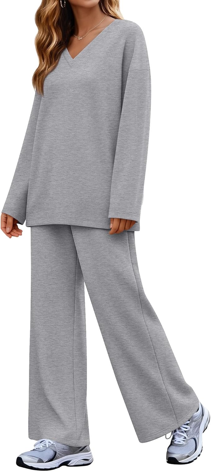 JoyMotion 2 Piece Women's Sweatsuit, V Neck Oversized Tracksuit Wide Leg Pant Fall Lounge Set Long Sleeve Sweatshirts Outfit
