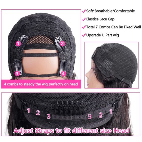 kloiynj U Part Wigs Human Hair for Black Women Deep Wave Human Hair Brazilian Hair Full Head Clip in Half Wig V Part Glueless Wigs Human Hair Pre Plucked U Shape Wigs (Natural Black, 18 inch)