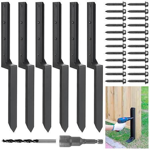 Epcee Heavy Duty Steel Fence Post Repair Stakes, Fence Post Anchor Ground Spike, for Repair Tilted/Broken Wood (6 Pack/Black