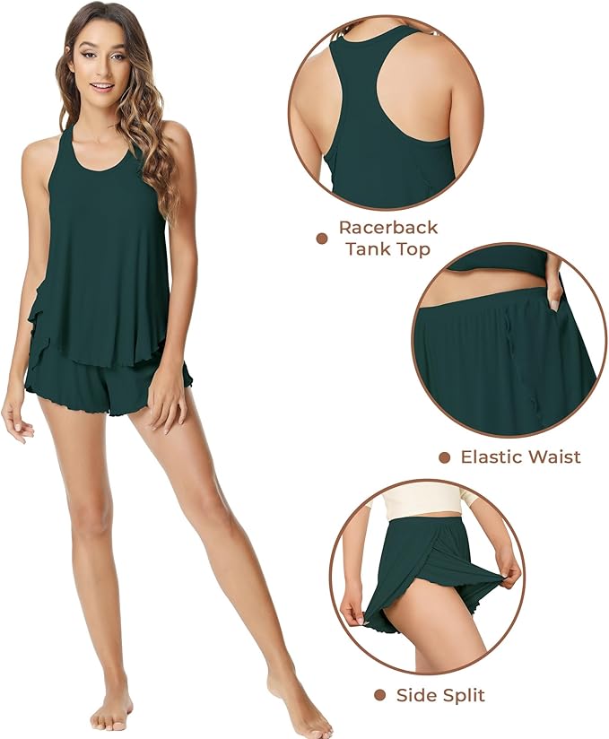NACHILA Pajamas for Women-Viscose from Bamboo, Ribbed Racerback Tank Top Sexy Split Shorts Pajama Sets Cooling Sleep Cami Pjs