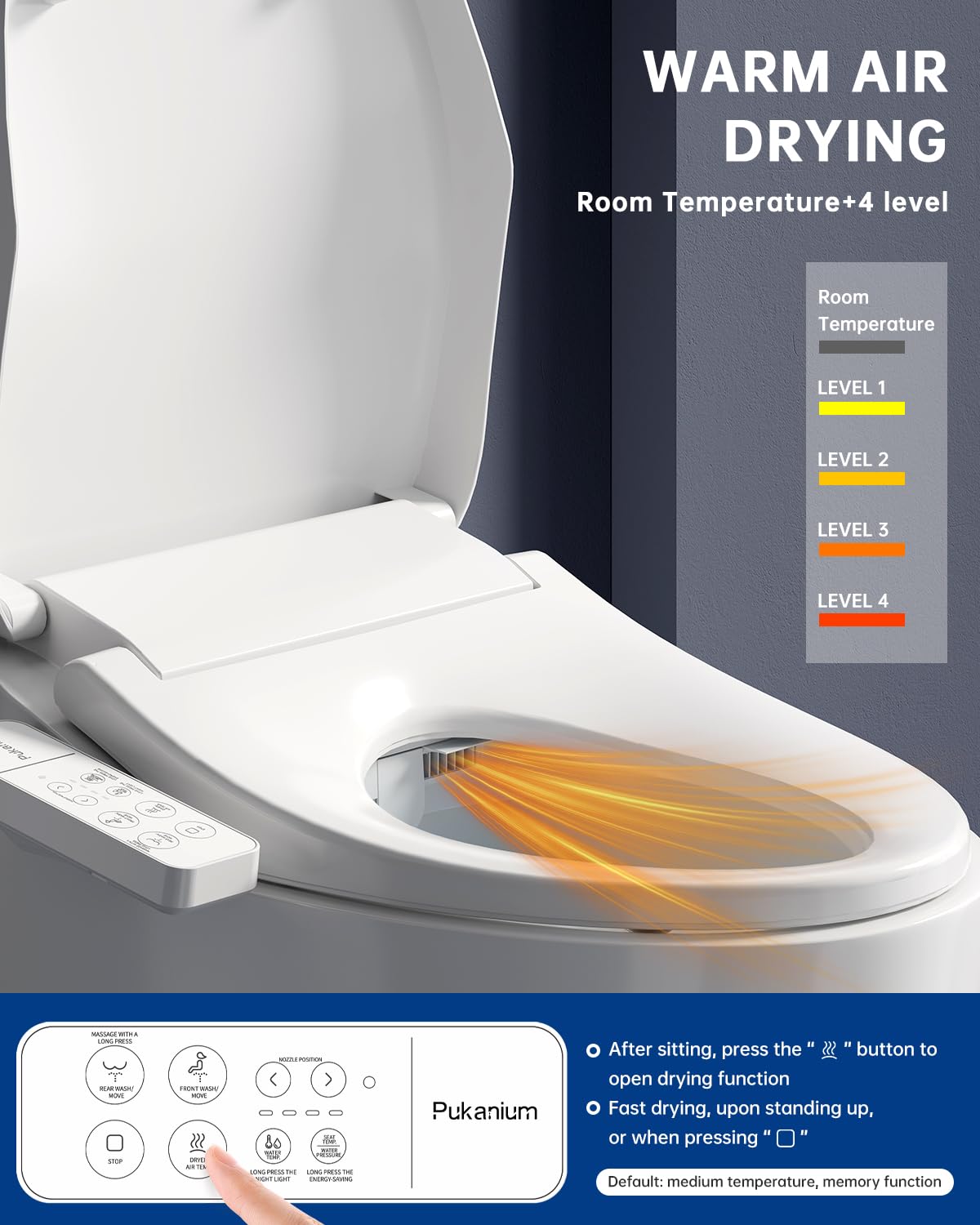 PUKANIUM Heated Smart Toilet Seat with Feminine Wash & Dryer, Elongated Bidet with Adjustable Water Temperature, Pressure & Nozzle Position, Easy Installation & Soft-Close Lid for Modern Bathrooms
