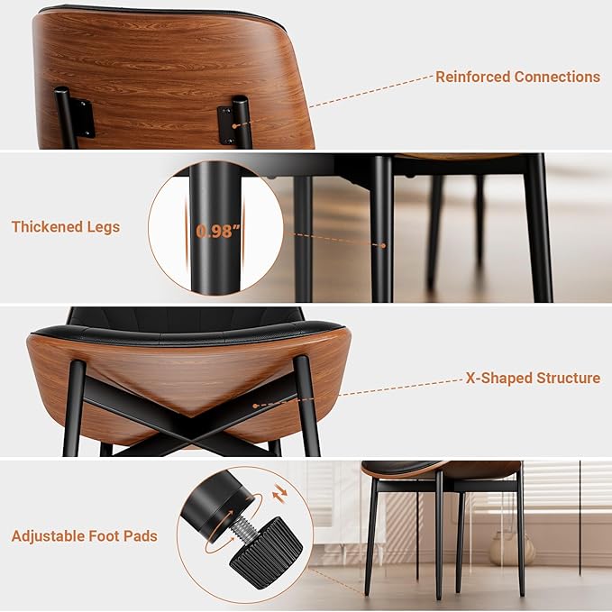 YaFiti Dining Chairs Set of 2, Dining Room and Kitchen Chairs, FSC Certified Mid Century Modern Accent Chair, Upholstered PU Leather Chairs for Vanity with Walnut Bentwood and Metal Legs, Black