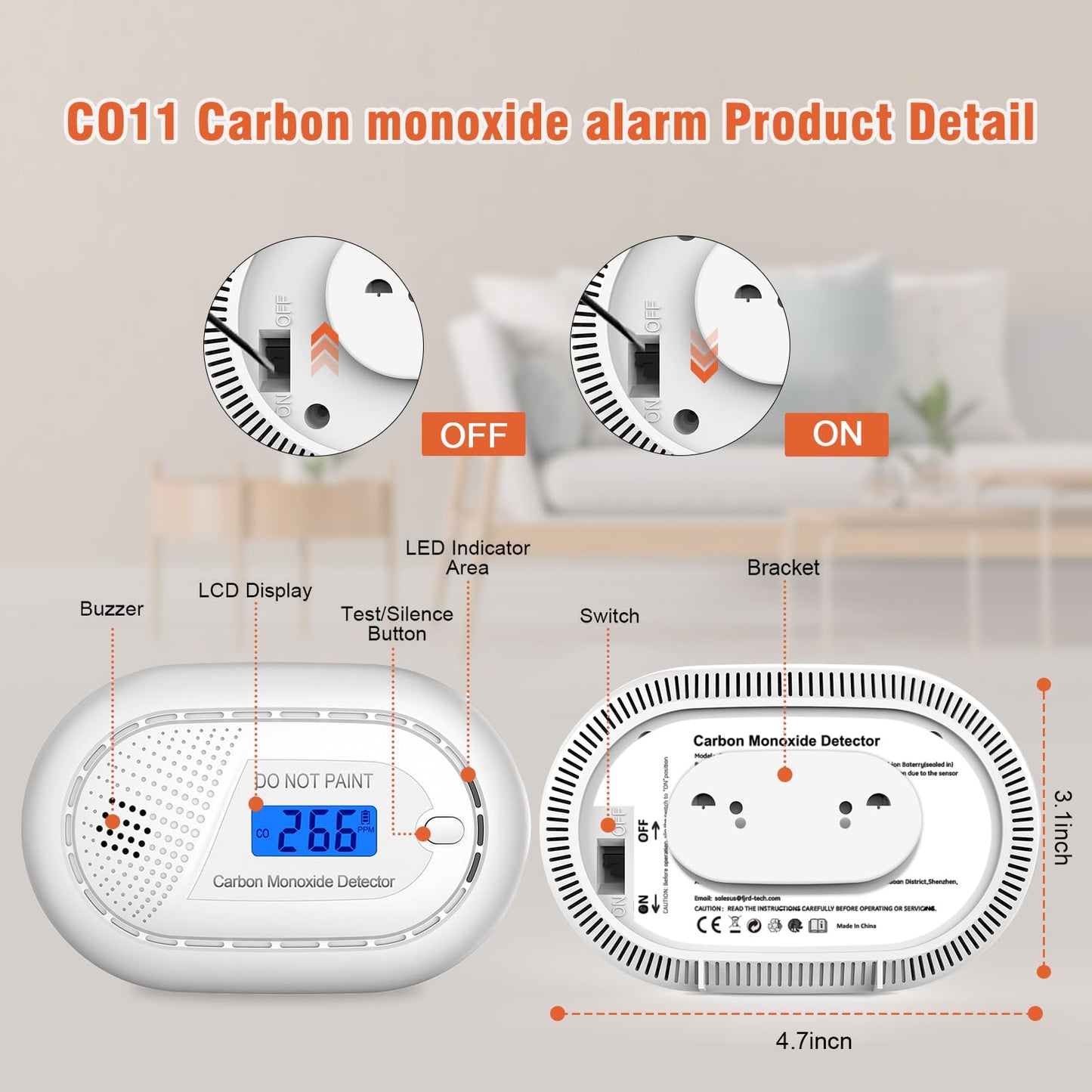 Carbon Monoxide Detectors with 10-Year Battery, Digital LCD Display, LED Flashing Signal Lights Portable CO Monitor Alarm for Travel, RV, Home, and Depot (1 Pack)