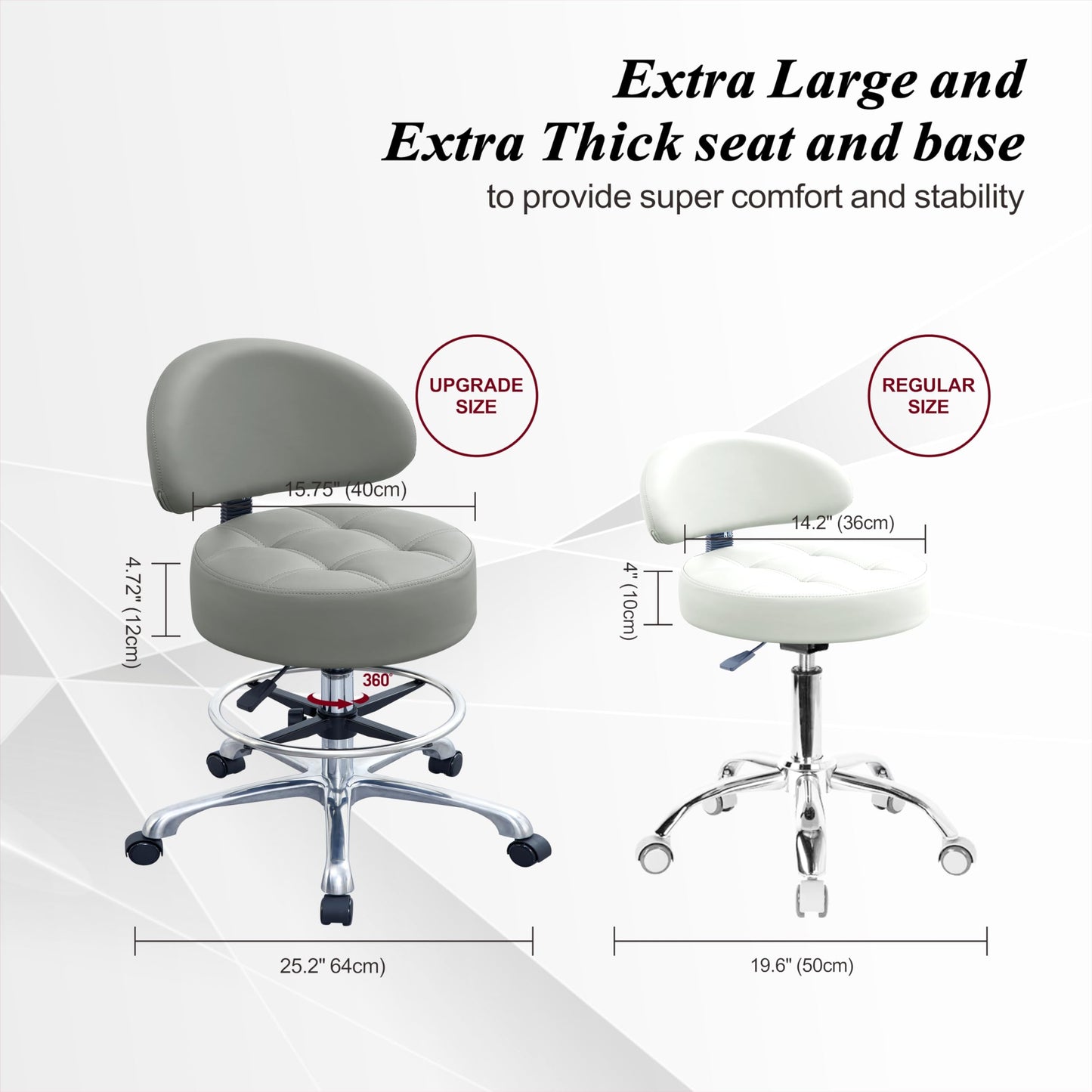 Height Adjustable Rolling Shop Stool with Back Support - Kitchen Stool with Wheels Heavy Duty for Salon, Spa, Massage, Tattoo, Esthetician - Extra Thick for Extreme Comfort