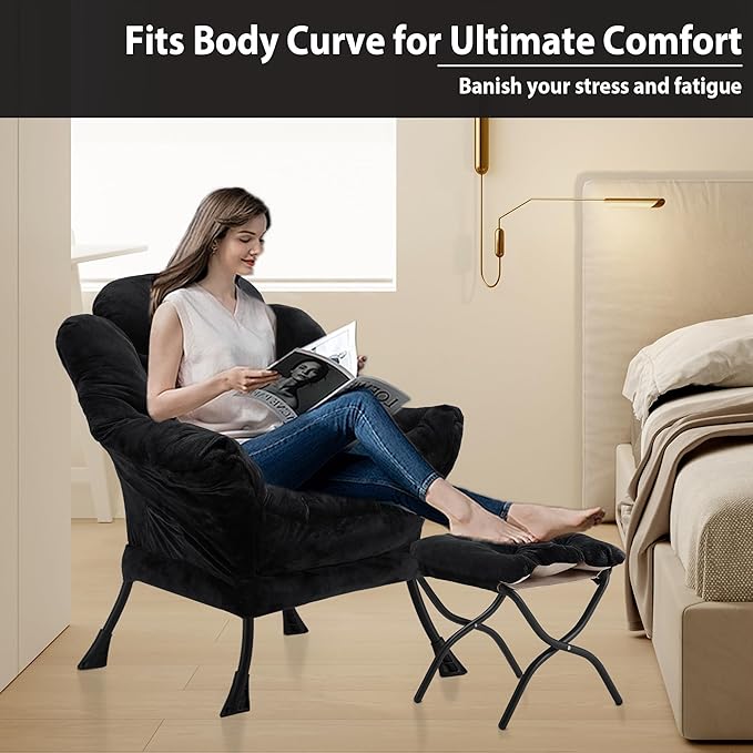Youtanic Lazy Chair with Folding Ottoman, Accent Chair Plush Upholstered with Metal Structure and Non-Slip Pads, Sofa Armchair with Footrest and Side Storage Bag for Dorm, Room, Office, Black