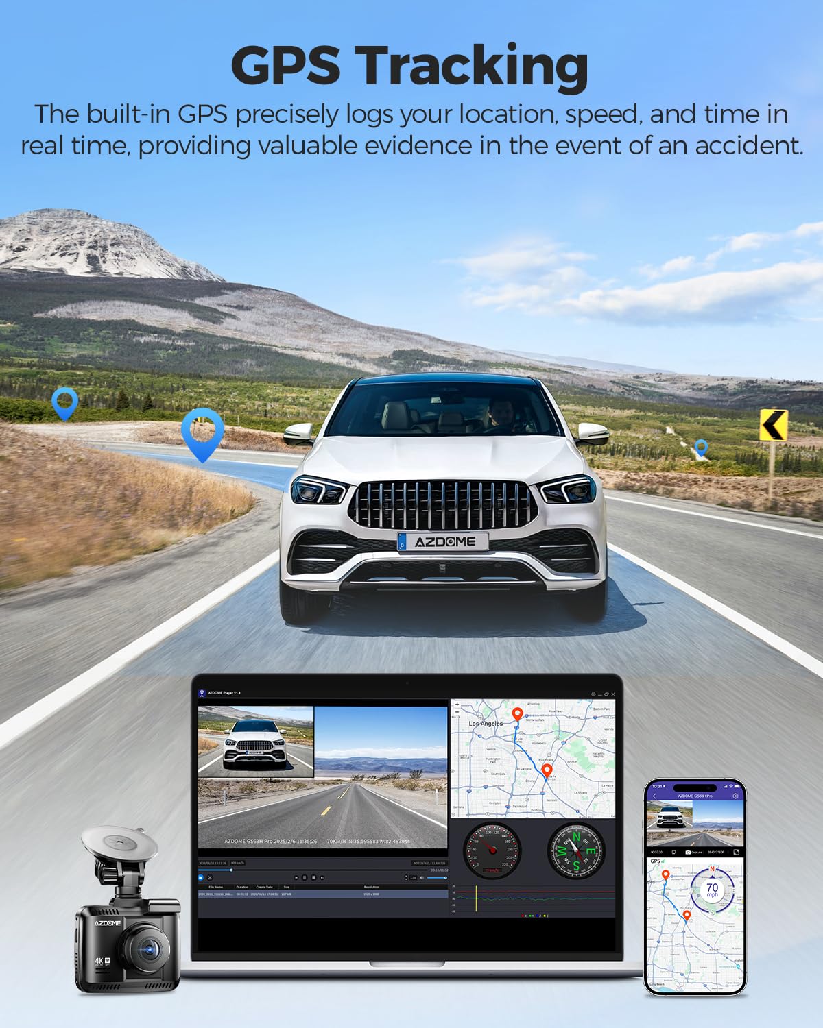 AZDOME 4K Dash Cam Front and Rear, STARVIS Night Vision, UHD 2160P WiFi Dash Camera for Cars with GPS, Included 64GB Card, 2.4" IPS Screen Dashcam, 170°Wide Angle, WDR, 24H Parking Mode (GS63H Pro)