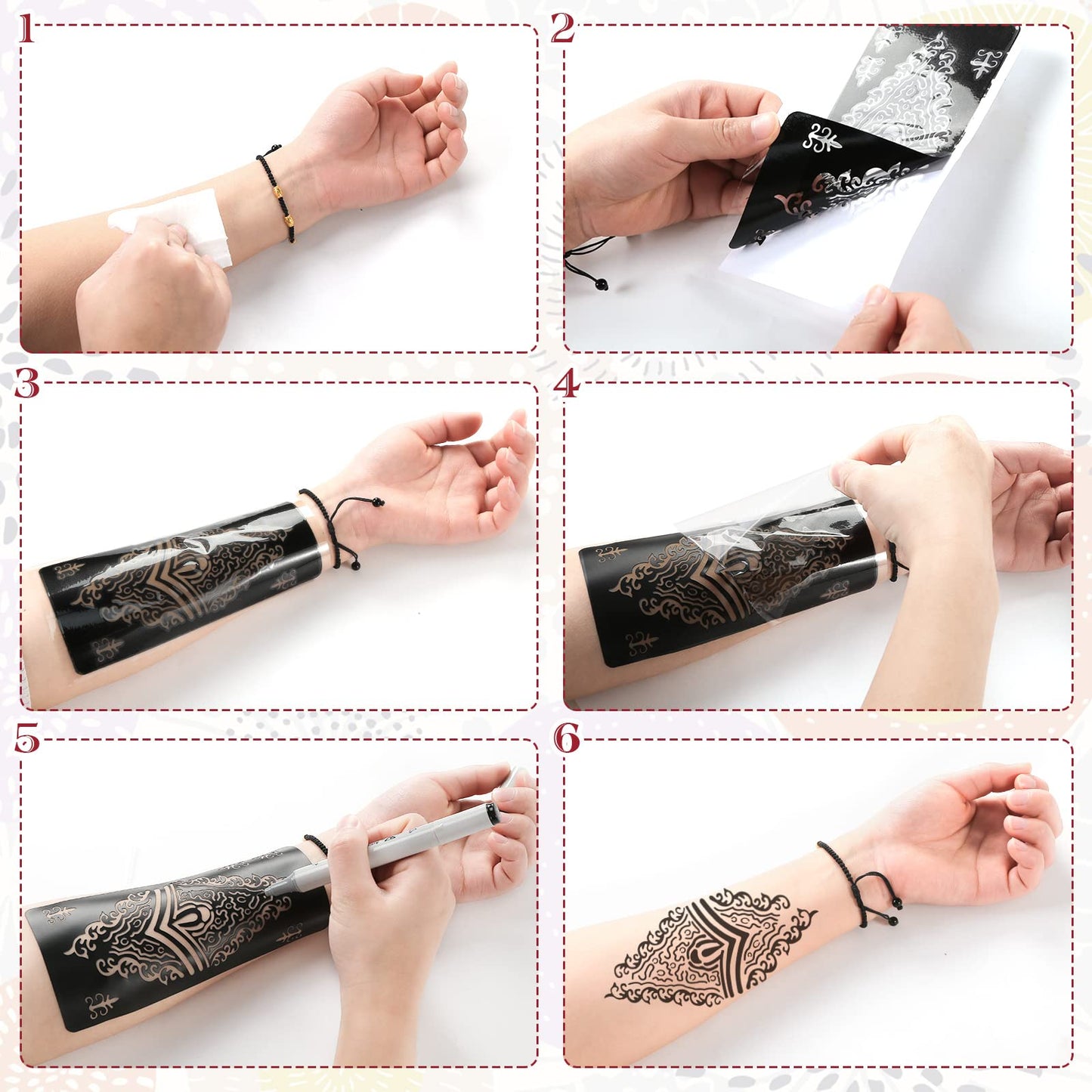 Koogel 18 Sheets Henna Tattoo Stencils, Temporary Flower Patterns Glitter Airbrush Tattoo Kits Arabian Stickers for Women and Gi