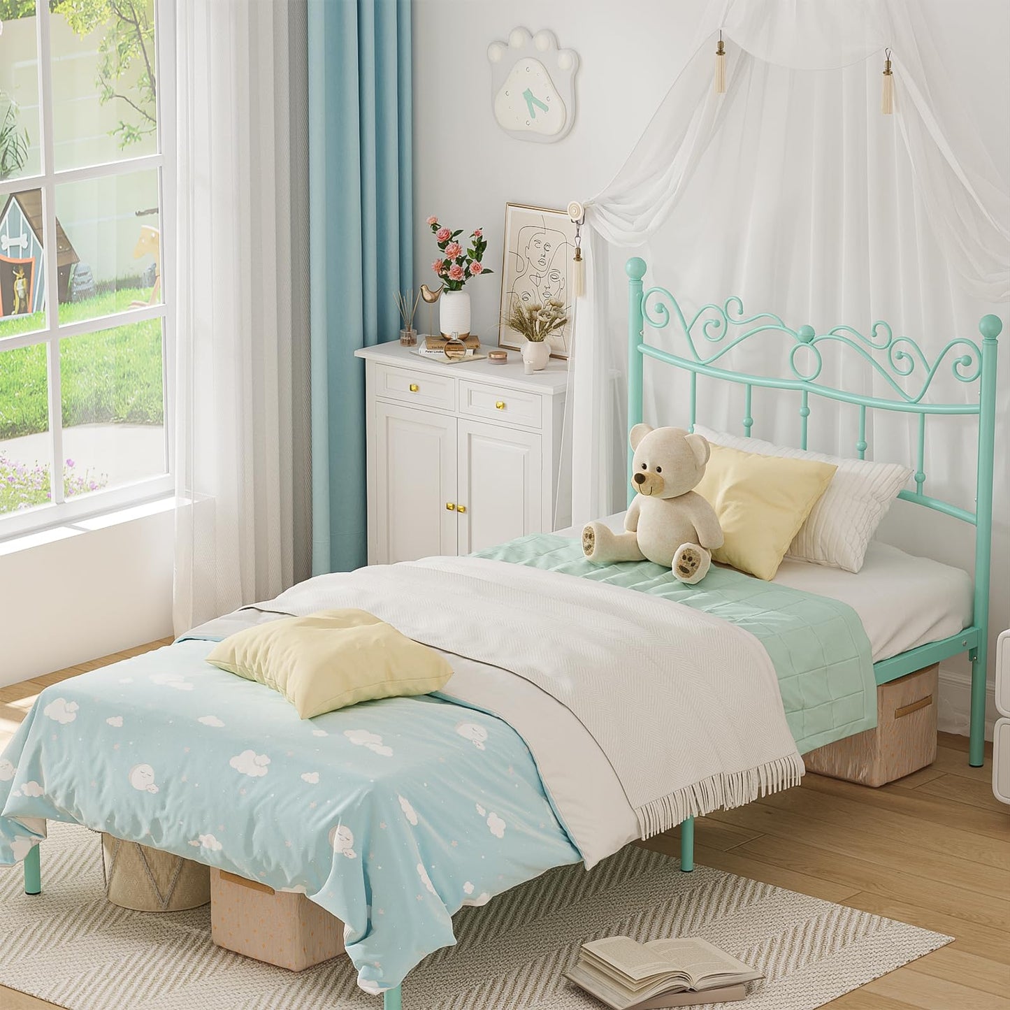 Merronix Twin Bed Frames with Headboard, Elegant Metal Bed Frame for Kids Girls, Modern Twin Size Platform Bed - No Box Spring Needed, 11.2 Inches Height Underbed Storage - Mint Green