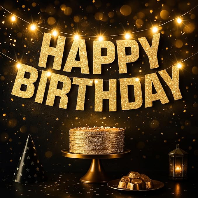 KatchOn, Light Up Happy Birthday Banner - 10 Feet, 8 Modes | Glitter Golden Birthday Party Decorations | Gold Birthday Dec...