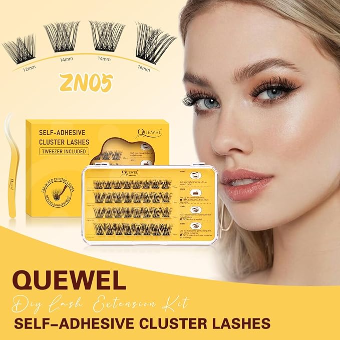 QUEWEL Self Adhesive Eyelashes Natural Look, No Glue Needed Lash Clusters with Eyelash Clusters Tweezer, 32 Pcs Reusable Lashes Self Adhesive for Beginners, DIY Lash Extensions for Home Use(ZN-05)