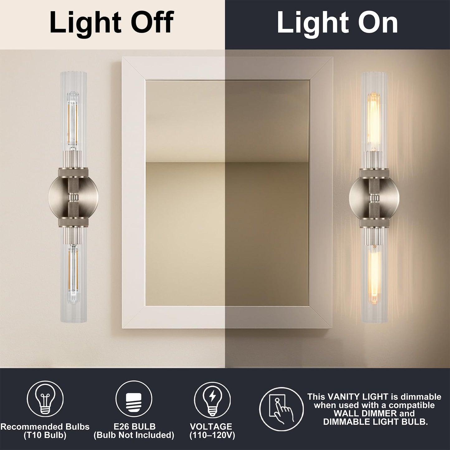 LaLuLa 2-Light Brushed Nickel Vanity Wall Lights Set of 2 –Hardwired Bathroom Light Fixtures with Rippled Glass Shades and Textured Metal Body, Chrome Accent Sconces for Over Mirror or Hallway