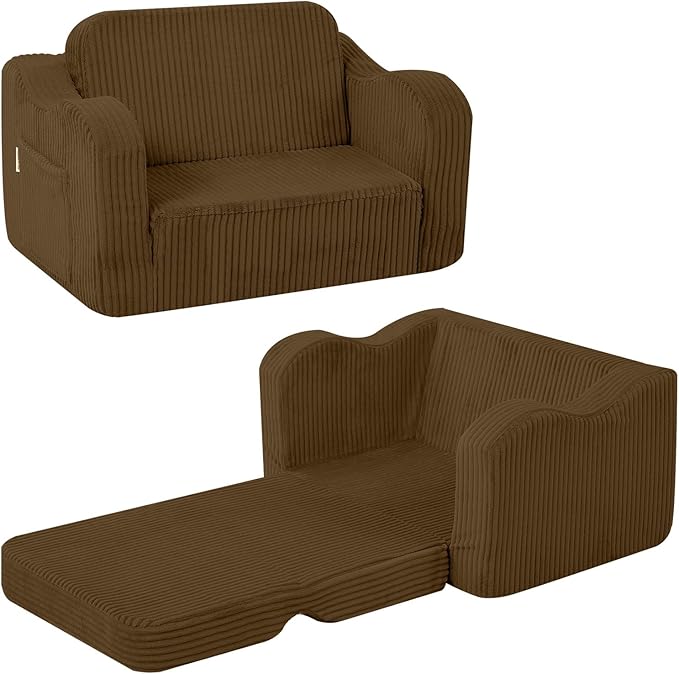 MeMoreCool Toddler Lounge & Sofa Bed Chair – Corduroy, Brown, Ages 1‑3 | 2‑in‑1 Fold‑Out Kids Couch & Pull‑Out Recliner for Playtime, Nap Time & Lounging