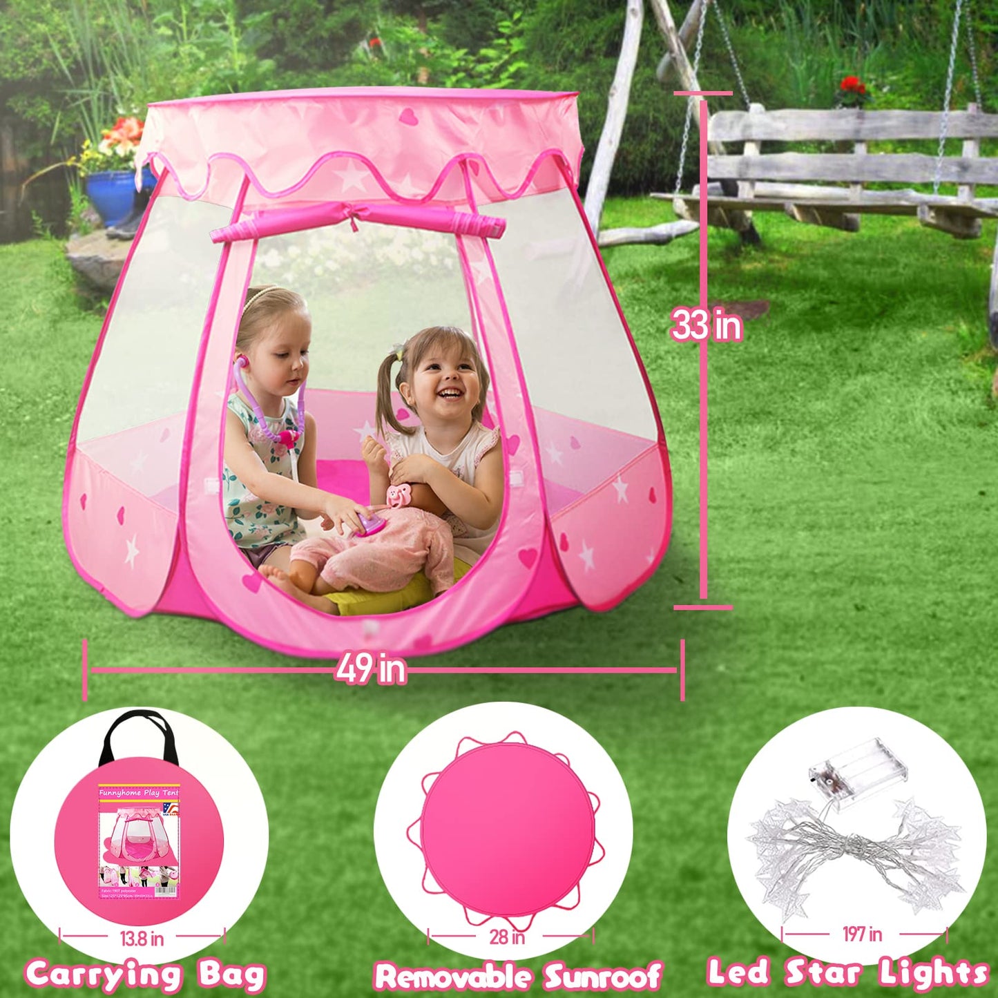 Crayline Pop Up Princess Tent with Star Light, Toys for 1 2 3 Year Old Girl Birthday Gift, Ball Pit for 12-18 Months Baby Girl Toys, Toddler Gift, Easy to Pop Up and Assemble(Pink)