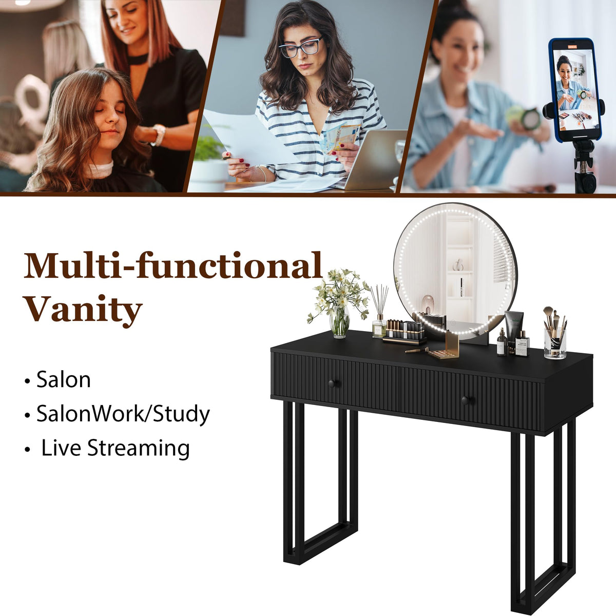 Black Vanity Desk with Mirror and Lights, Small Makeup Vanity with 2 Drawers, Modern Vanity Organizer with 3 Color Lights＆Adjustable Brightness, Dressing Table for Bedroom
