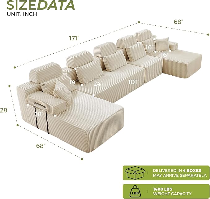 171" U-Shaped Cloud Modular Sectional Sofa with Chaise & Headrest, Boneless Deep Seat Plush Corduroy Couches for Large Living Room, No Assembly Required (White, 171" U-shapred Chaise)