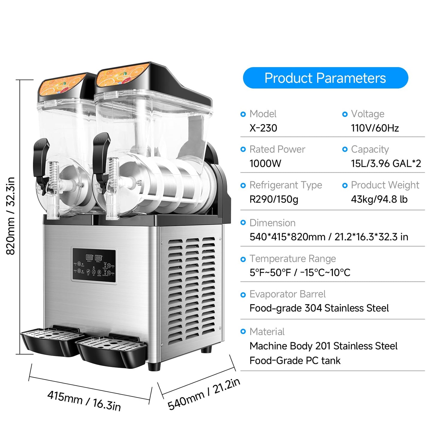 EKway Slushy Machine,15L x2 Double Tanks Comercial Margarita &Slushie Machine,120+ Cups 1000W 110V Electric Large Daiquiri Machine with Self-cleaning Mode,for Home Party Restaurants Cafe Bars