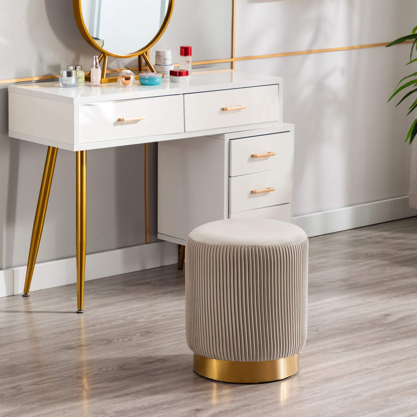DUHOME Modern Round Velvet Ottoman Footrest Vanity Stool Khaki