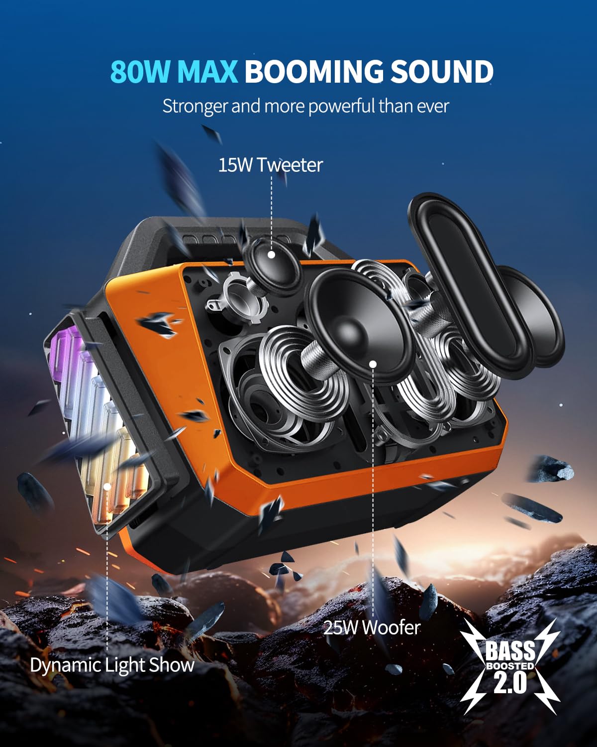 Tpwin Bluetooth Speaker - 80W Loud, Rugged Outdoor Speakers, Ipx6 Waterproof, 20H Playtime, Deep Bass, Lightshow, Tws, Bt 5.3 Wi