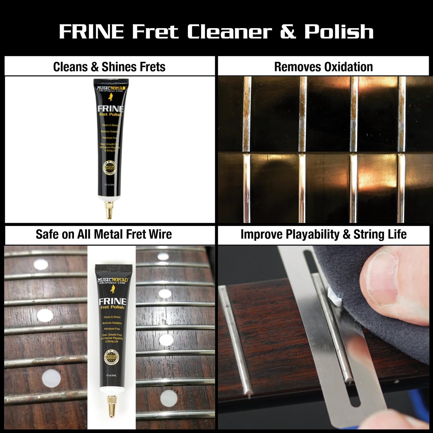 Musicnomad 5 Pc. Guitar Cleaning & Care Kit: Cleaner, Fret Polish, Fretboard Oil, Nut Lubricant, Cloth For Guitar Body, Frets, F