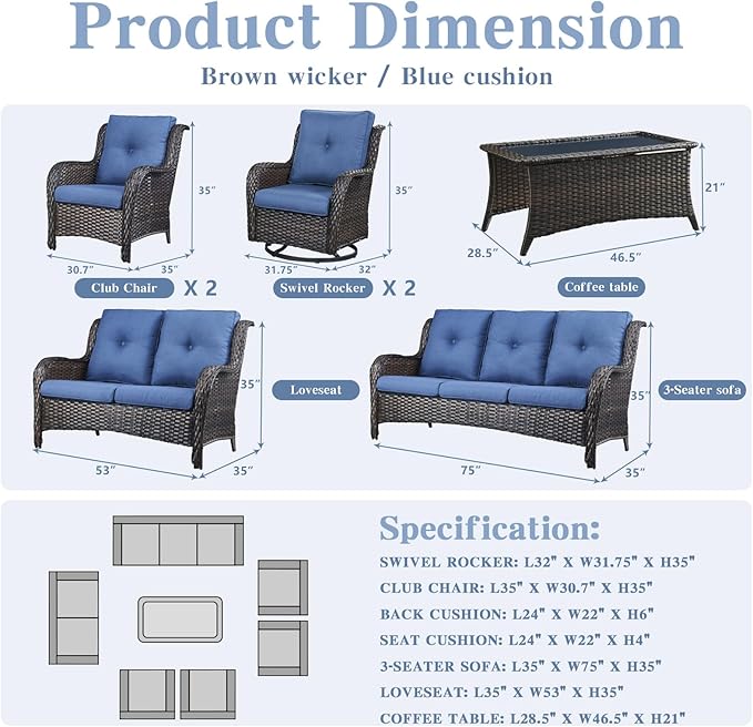 Belord Outdoor Wicker Furniture Patio Set - 7 Piece Backyard Furniture Brown Rattan Conversation Sets with Swivel Rocker Chairs, Rattan Sofa, Club Chairs and Coffee Table, Blue Cushion