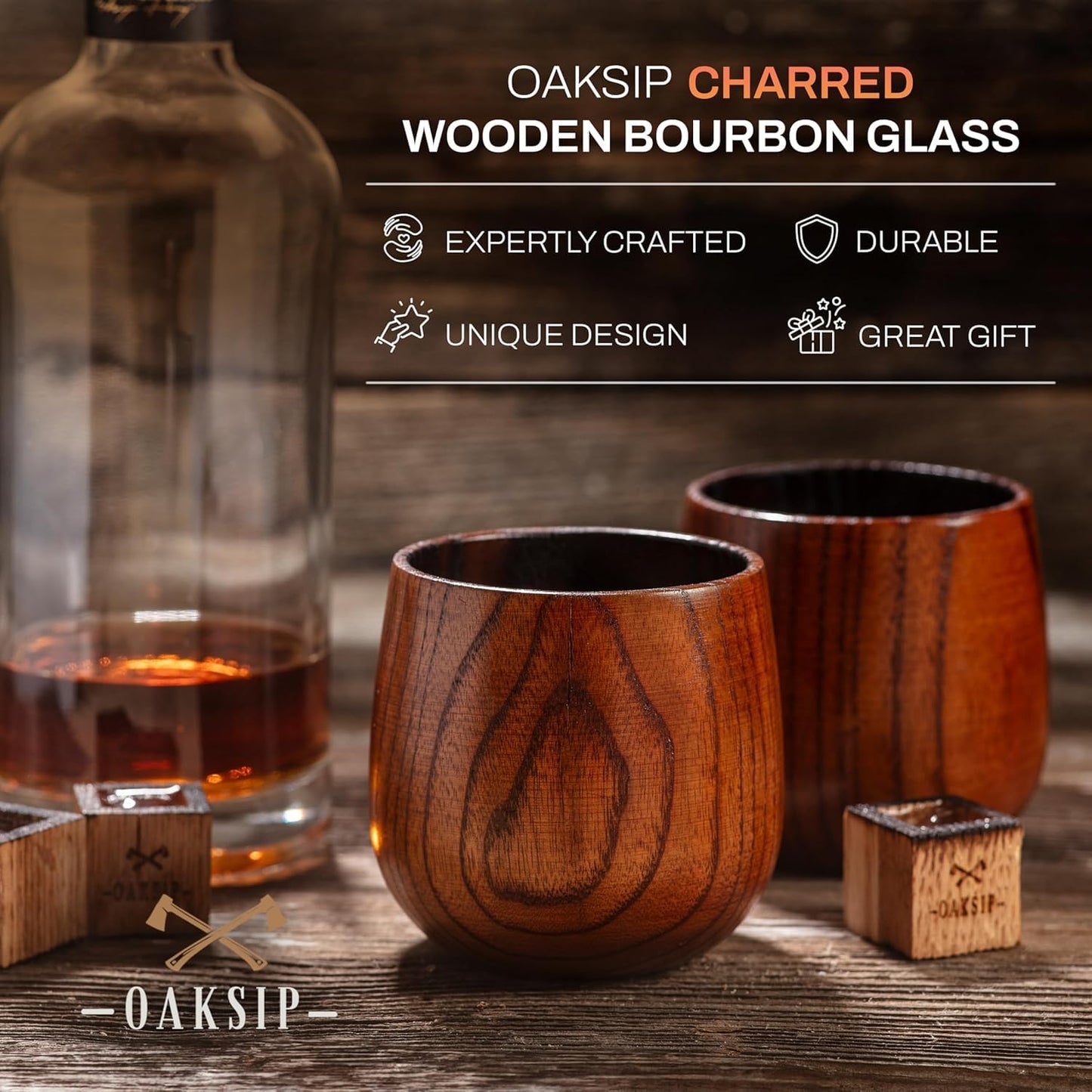 The Original Charred Wooden Bourbon Drinking Glass Bourbon Gifts for Men | Whiskey Glasses For Dad | Great Whiskey Gifts for Men Who Have Everything | Perfect Presents For Boyfriend or Dad (2 Pack)