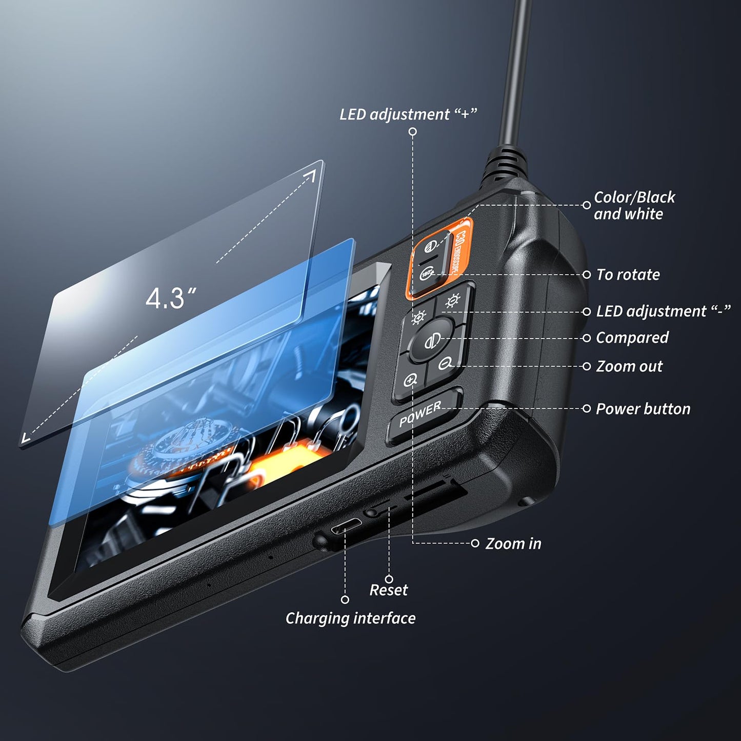 Endoscope Camera with Light, Inspection Borescope Camera with 4.3" IPS Screen, 1920P HD with 8 LED Lights, 16.5FT Semi-Rigid Cord Bore Scope, IP67 Waterproof Endoscope for Sewer, Tools(Orange)