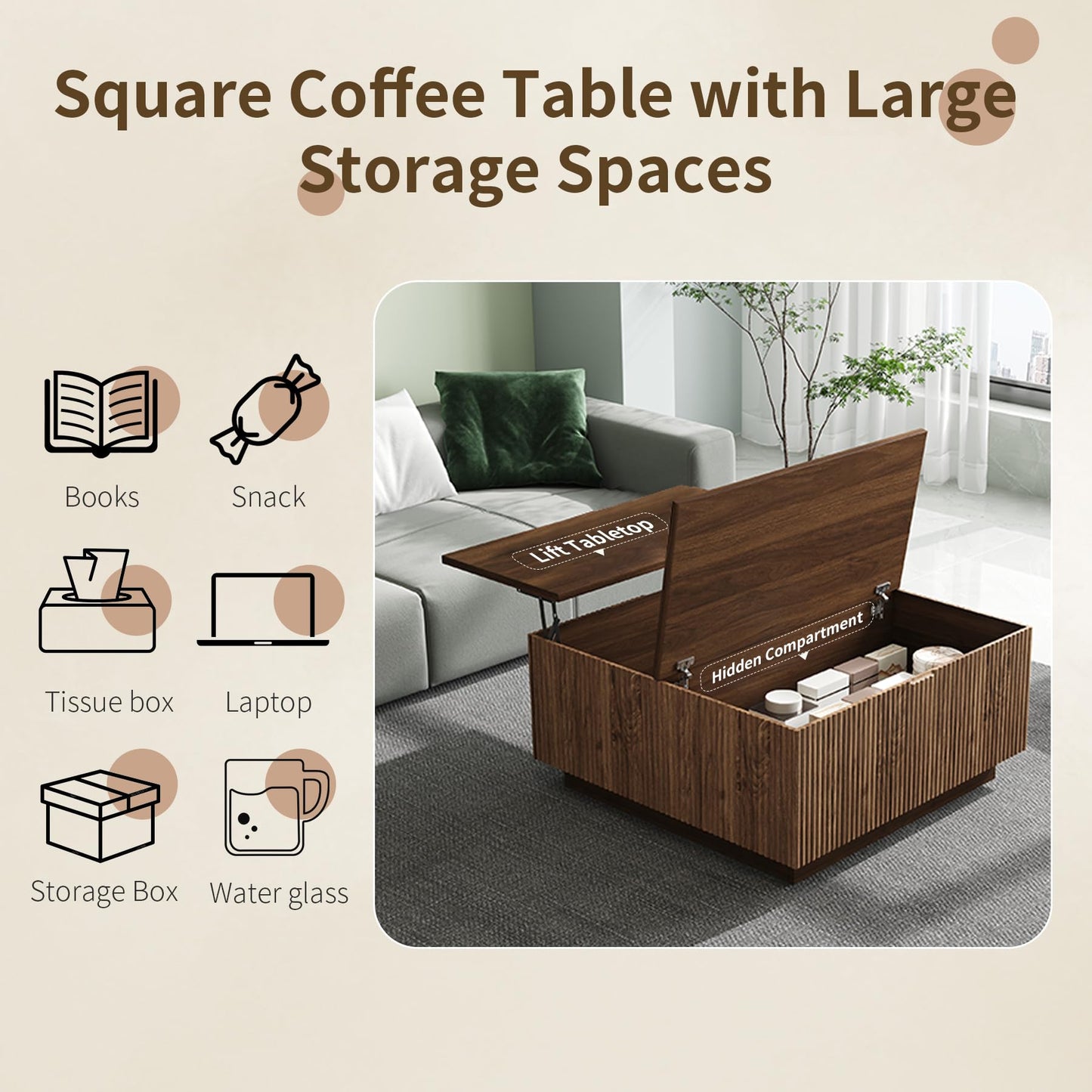 Epecoya 31" Lift Top Coffee Table with Hidden Storage & Farmhouse Fluted Design, Square Wooden Lift-Top Table for Living Room, Apartment, Small Spaces, Brown Walnut