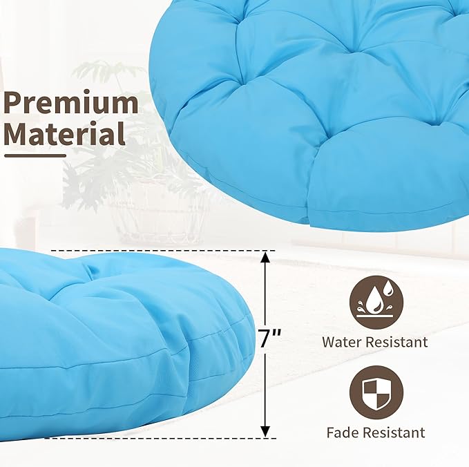 40" Ergonomic Wicker Papasan Chair, 360° Swivel Indoor Outdoor Rattan Chair with Soft Thick Cushion, Ideal for Living Room, Bedroom, Reading Room, Black Frame with Blue Cushion
