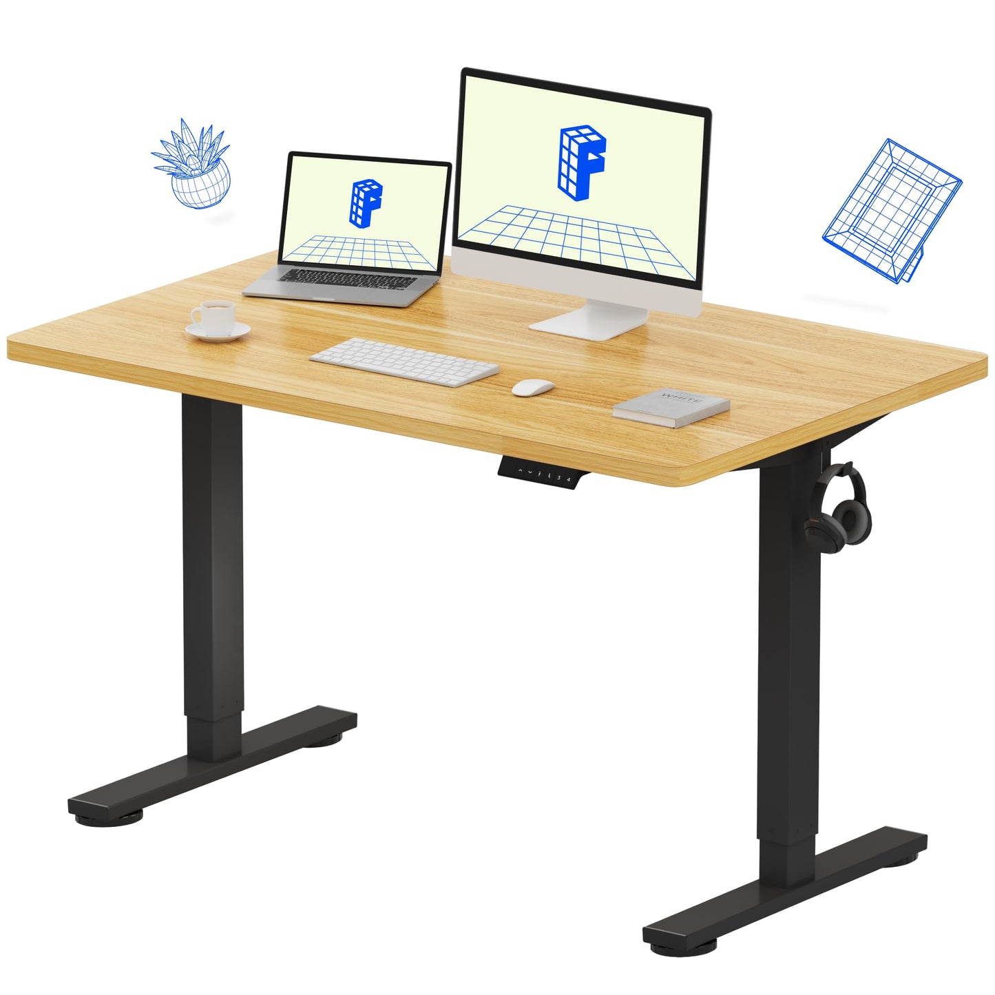 FLEXISPOT EN1 Whole-Piece Standing Desk - 48" x 30" Electric Height Adjustable Heavy Duty Steel Stand Up Desk Frame w/Automatic Smart Keypad (Black Frame + Maple Top, 2 Packages)