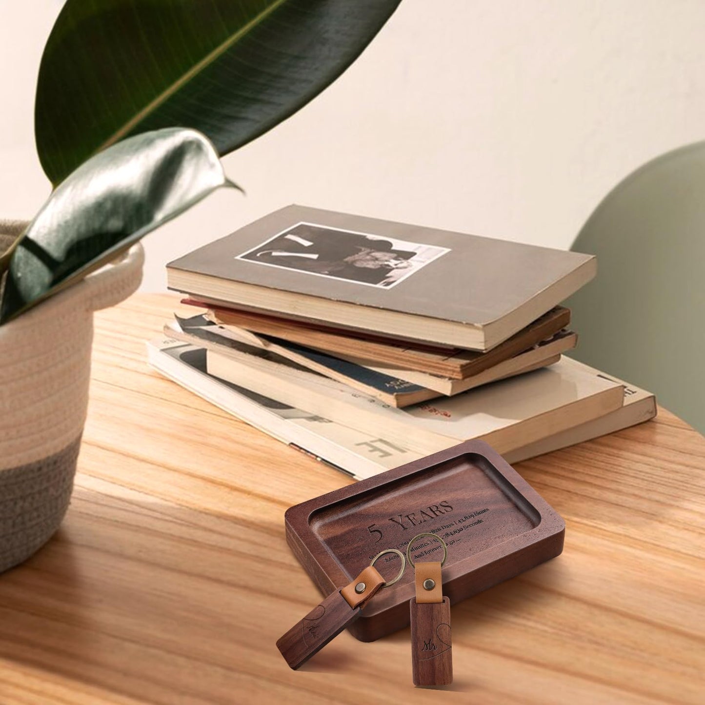 MISTOD Wood Ring Dish & Keychain- Engraved Rectangle Ring Tray Small Jewelry Dish, 5th Marriage Anniv Gifts Set | 5 Year Wedding Anniv Valentine's Day Gifts Ideas