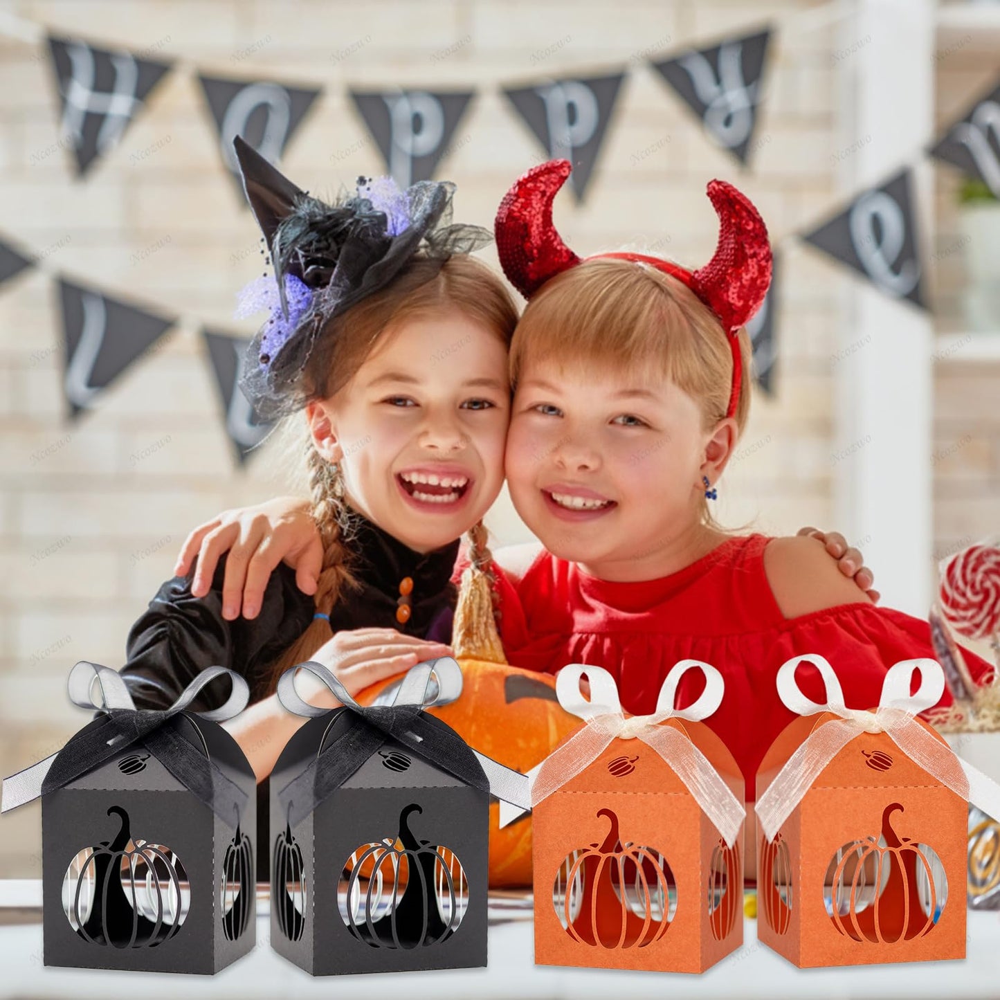 Ncozwo 20 Pcs Halloween Party Treat Boxes Pumpkin Candy Cookies Gift Box Hollowed-out Pumpkin Favor Boxes Hollow Die-Cut Cardboard Chocolate Container for Party Supplies Decorations (Black, Orange)