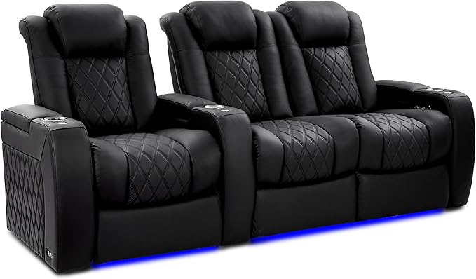 Valencia Tuscany Home Theater Seating Semi-Aniline Italian Nappa 20000 Leather Ultimate Luxury Heat & Ventilation Power Recliner Power Lumbar and Headrest (Row of 3 Loveseat Right, Onyx)