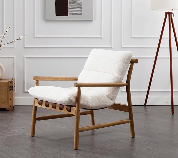 White Sherpa Accent Chair Set of 2 Mid Century Modern Living Room Chairs Comfy Boucle Arm Chairs w/Solid Wood Frame Upholstered Lounge Side Chair for Bedroom/Guest Room/Balcony/Sofa