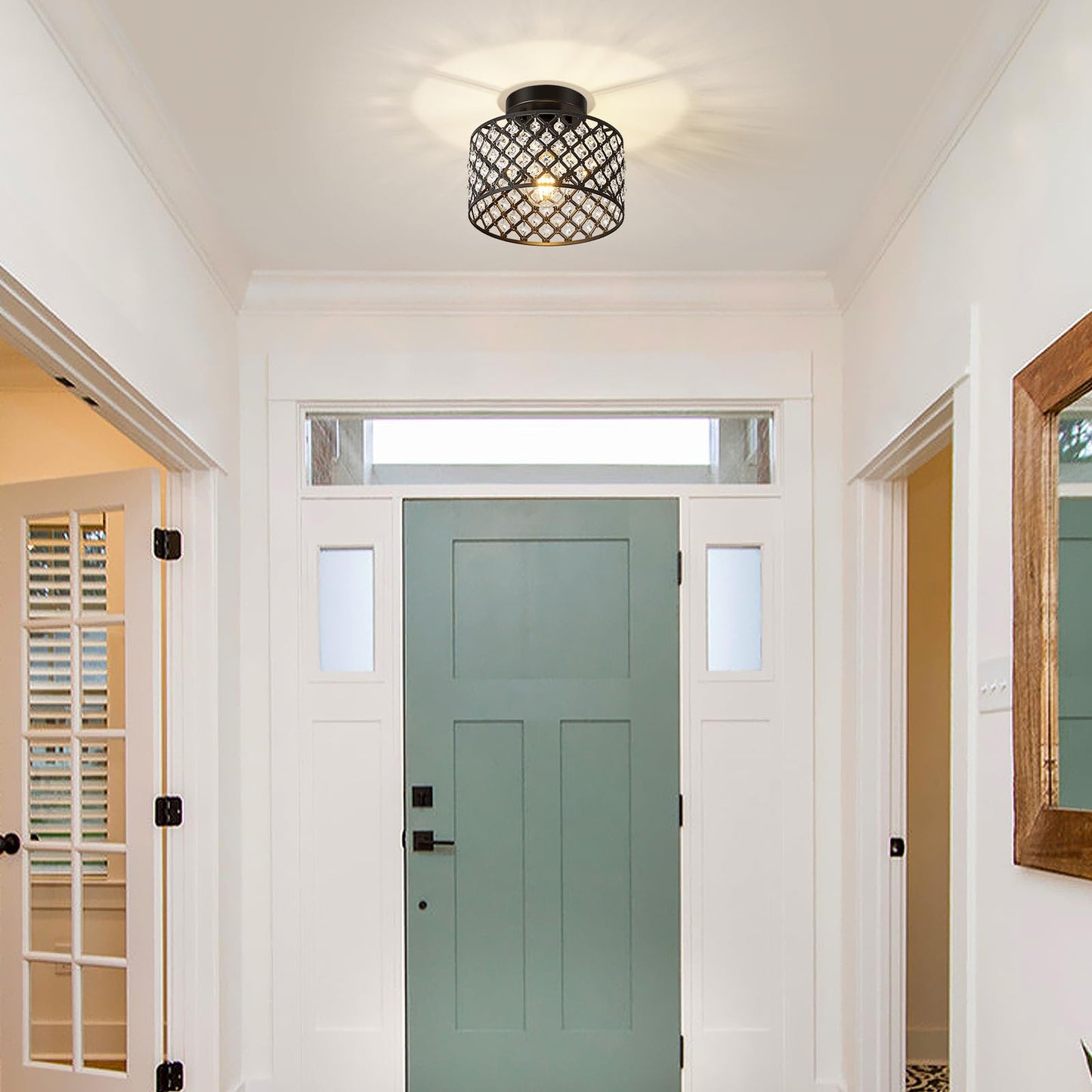 Black Crystal Ceiling Light Fixture,Modern Semi Flush Mount Ceiling Lighting Fixture,Round Small Chandelier for Hallway, Entryway, Laundry Room, Kitchen, Bedroom, Foyer, Bathroom, 1 Light, 9 inch