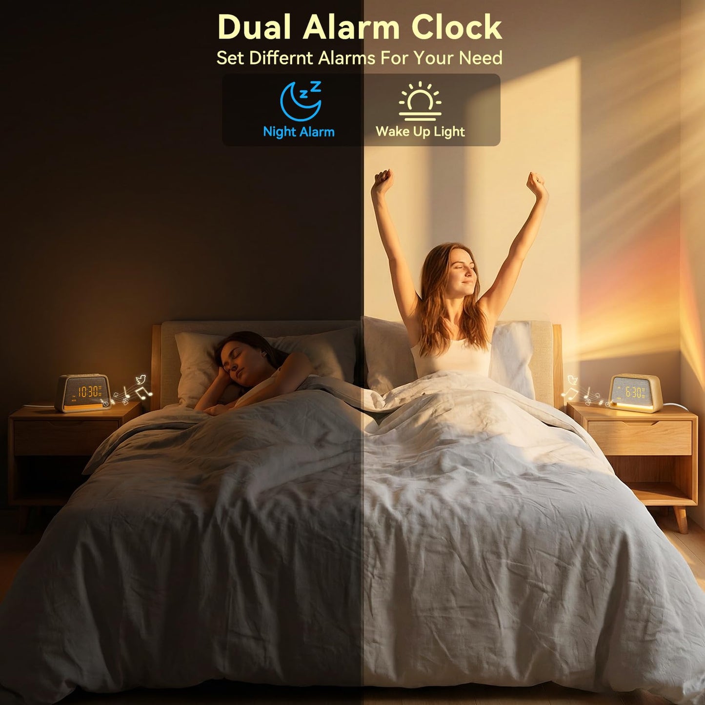 Vivilumens Wooden Alarm Clock White Noise Sound Machine for Sleep 10 Soothing Sounds 10 Natural Sounds for Adults Sleeping Digital Dimmable Night Light Gentle Clock for Bedroom Dual Alarm Ideal Gift