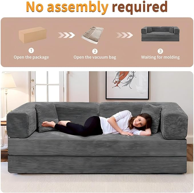 Kelyda 79 Inch Convertible Sofa Bed Couch in Box, 5 in 1 Folding Modular Boneless Couch with Pull Out Bed 2 Pillows, Soft Corduroy Floor Futon Lounge Loveseat Sleeper Lazy Cama No Assembly Dark Grey