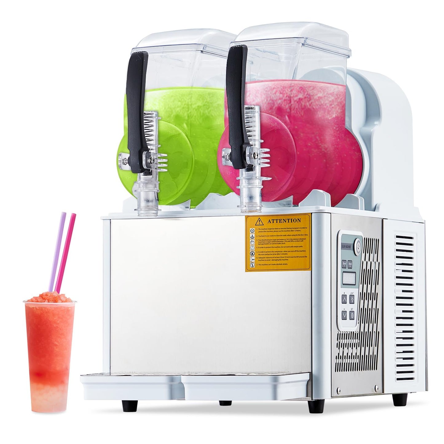 Dual-Tank Commercial Slushie Machine,2 Tank Slushie Machine for Home,4L x 2 Tanks,370W Self-Cleaning Stainless Steel, Simultaneous Two-Flavor Operation, High-Volume Frozen Drink Maker for Cafes & Bars