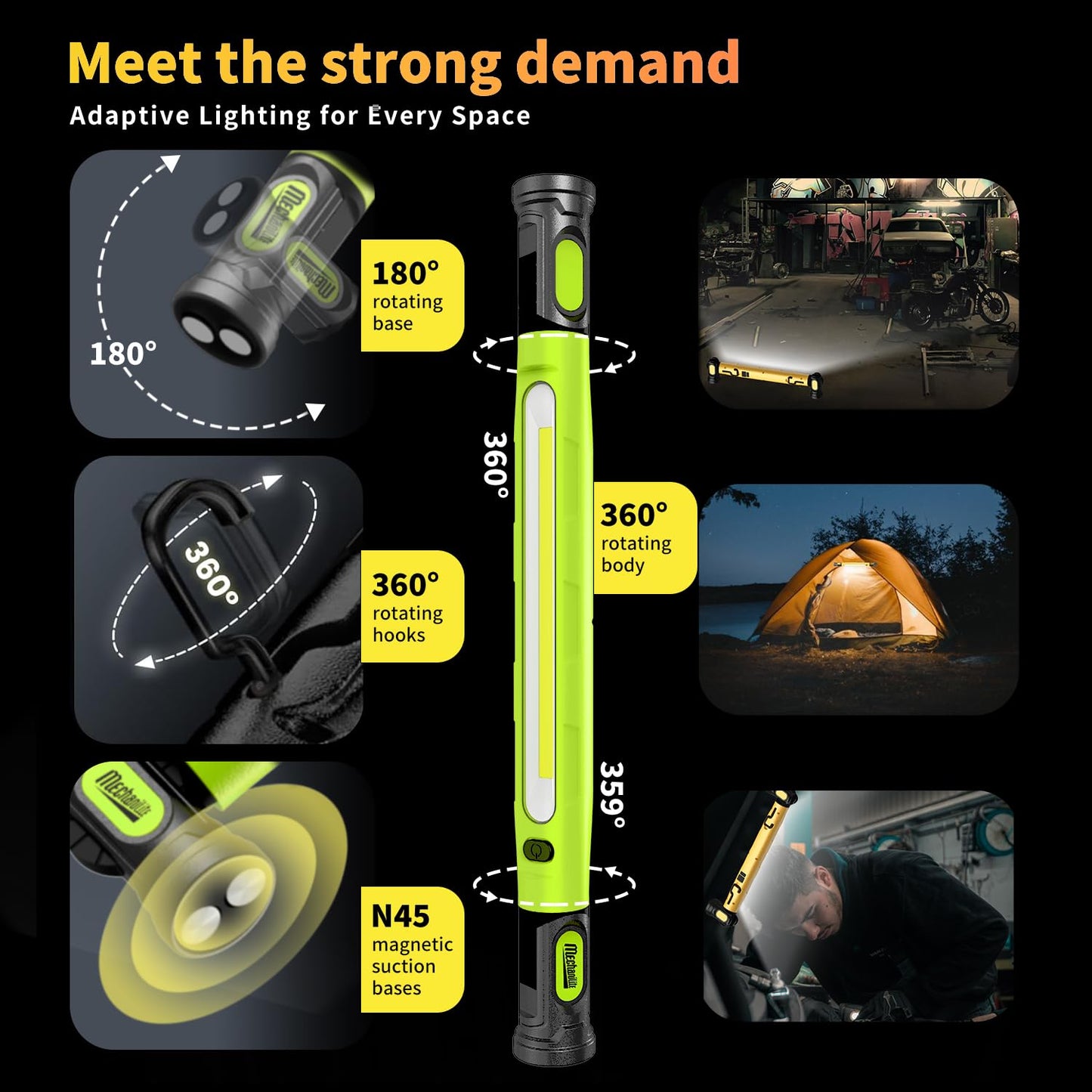 MechaniLite Under Hood Work Light Bar, 3000LM LED Magnetic Light Bar with Hooks, 5200mAh Cordless Rechargeable Hood Light for Mechanic/Car Repairing/Garage-Green