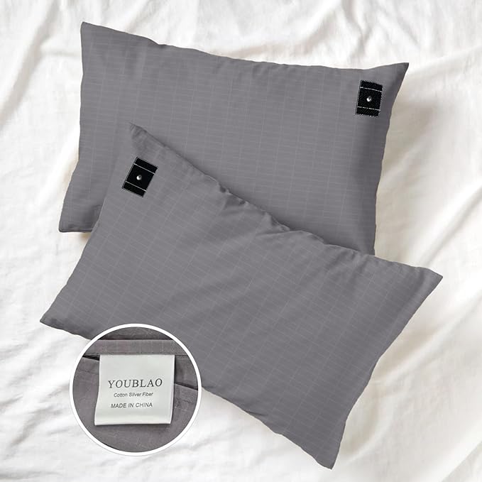 YOUBLAO Grounding Pillowcase, 90% Organic Cotton and 10% Silver Fiber Grounding Pillow Case with 15ft Grounding Cord, Gray Sleep Pillow 20x30 inch for Improve Sleep Improving Energy
