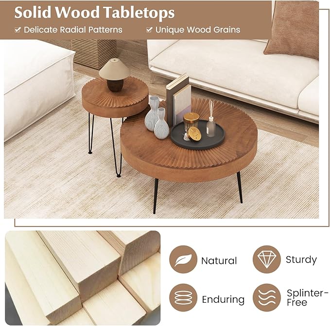 Giantex Boho Round Coffee Table Set of 2, Sofa Side Nesting Table with Solid Pine Wood Top, Metal Legs & Adjustable Foot Pads, 31.5" D Large Table Set for Living Room (Radial Pattern, Brown)
