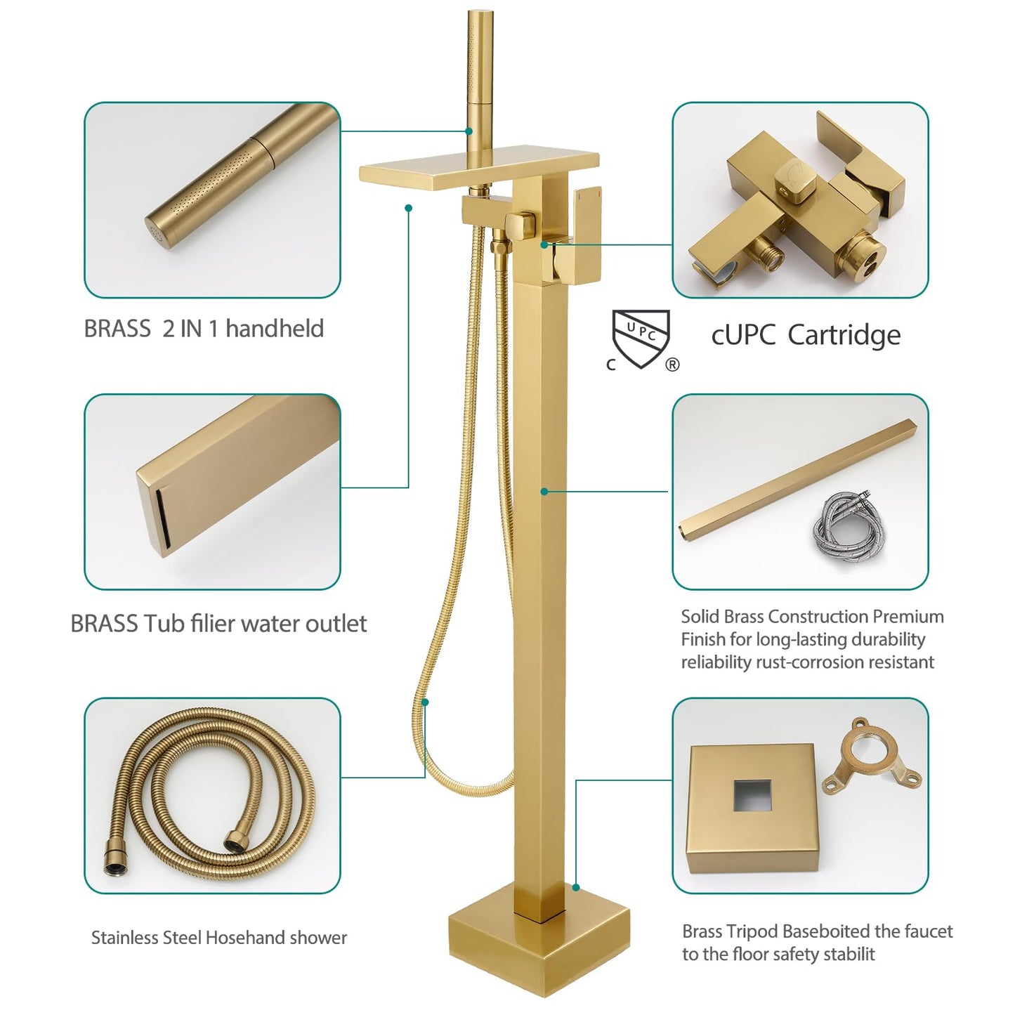 Hoimpro Tub Filler Freestanding Bathtub Faucet Brushed Gold Floor Mount Tub Faucet Waterfall Bathtub Filler with CUPC Certified High Flow Brass Bath Shower Faucets with Handheld Sprayer