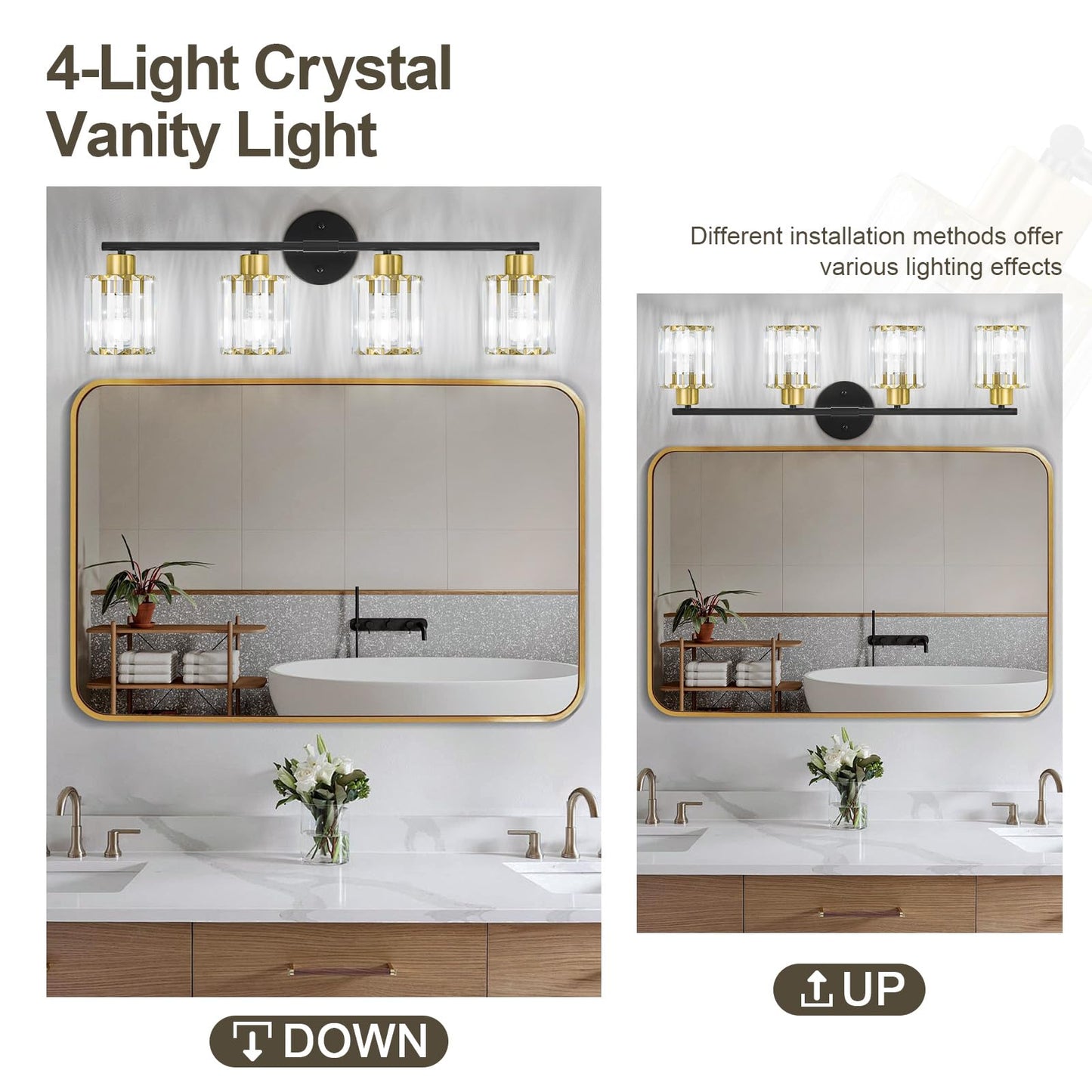 Kvhiiw Crystal Bathroom Light Fixtures, Bathroom Lighting Fixtures Over Mirror, Modern Black Gold 4-Light Vanity Lights for Mirror, Restroom, Bedroom (Ceramic E26 Socket,Bulbs Not Include)