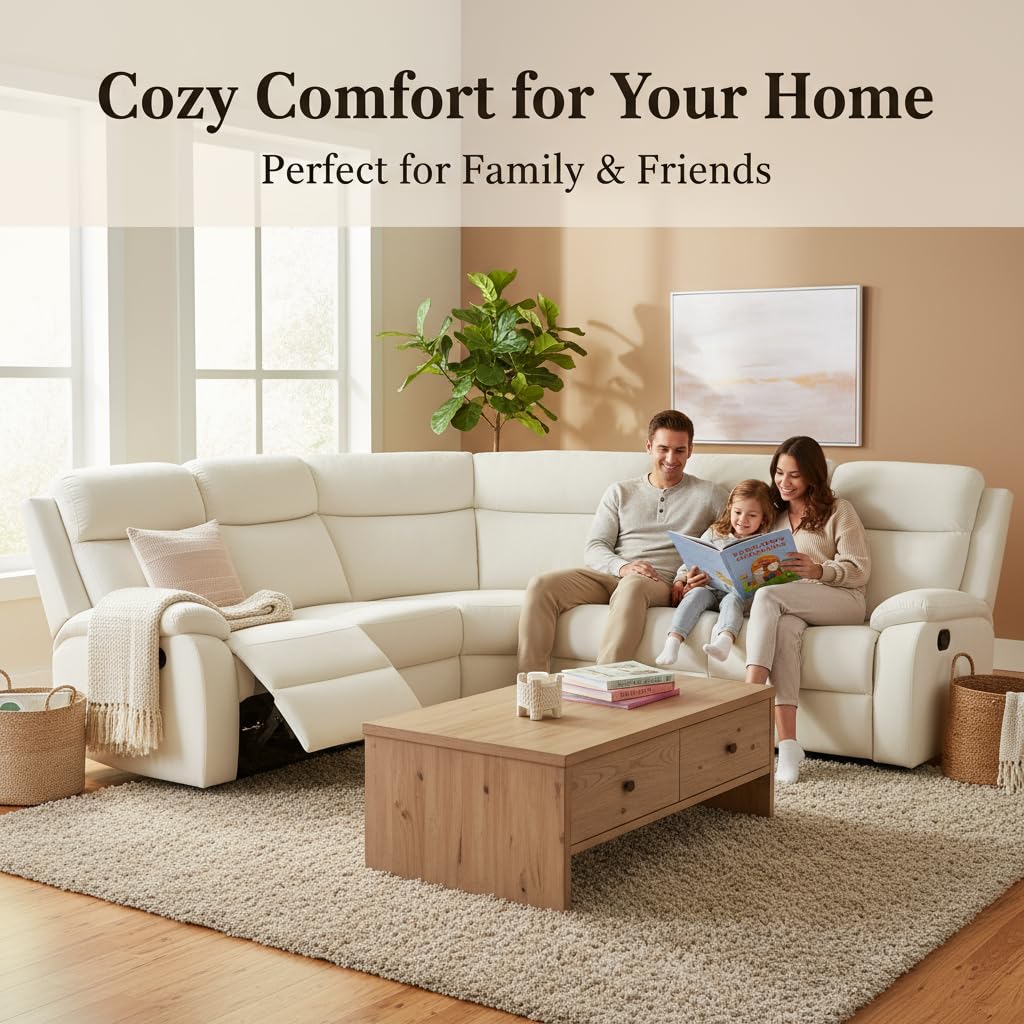 Trygoal Power Reclining Sectional Sofa Set, L-Shaped Sectional Couch for Living Room, Home Theater Seating with Adjustable Backrest, Modern Recliner Sofa Set with Breathable Fluff, Off-White