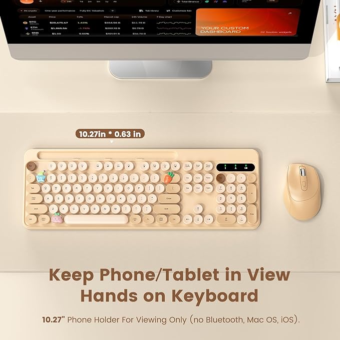Wireless Keyboard and Mouse Combo, Retro Round Keycaps, Full-Size Stylish Typewriter Keyboard with Phone/Tablet Holder, Ergonomic Mouse with 3-Level DPI, 2.4GHz Connection for Windows/PC (Milk-Tea)